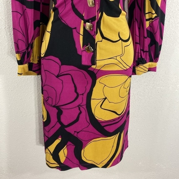 Anthropologie Yoana Baraschi Magenta Pink Yellow Black Floral Silk Shirt Dress M - Picture 3 of 14